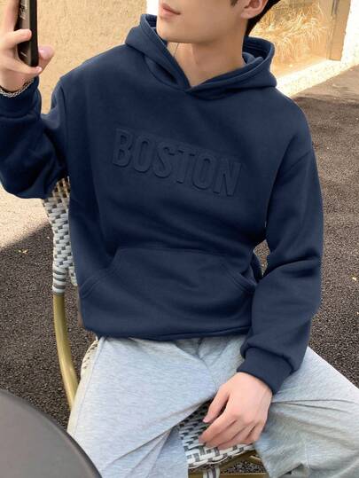 Teenage Boys' Casual College Style Letter Embossed Design Hoodie, Suitable For College, Casual, Sports Wear