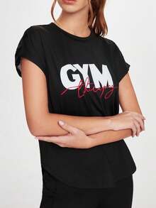 Gameset SHEIN Sport 女士瑜伽运动户外透明植绒网眼拼接短袖运动T恤 - 黑色 - 查看 3