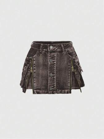 Kawaii Minigonna di jeans vintage lavata in vita bassa con chiusura lampo, stile Y2K