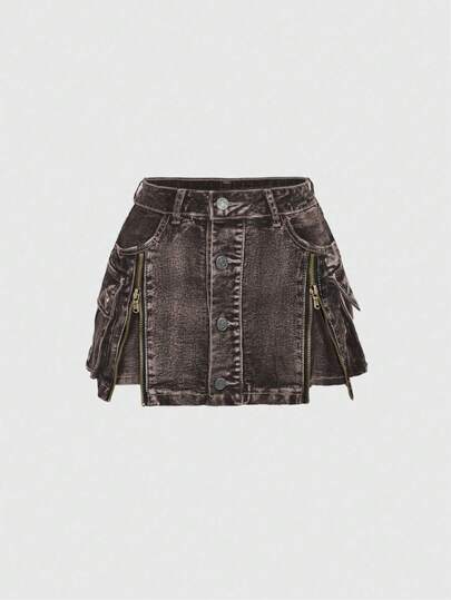 ROMWE Kawaii Y2K 复古水洗低腰迷你拉链牛仔裙