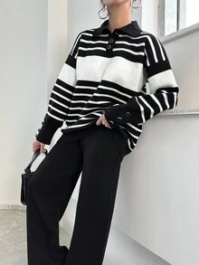 EURMUSE Women's Striped Sweater And Solid Color Long Pants Two Piece Set - Black - View 3