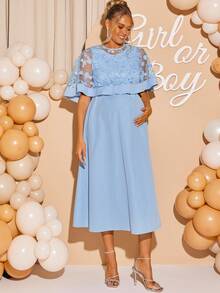 Loomaby 2pcs Maternity Elegant Party Floral Mesh Overlay Top And Dress Set - Blue - View 1