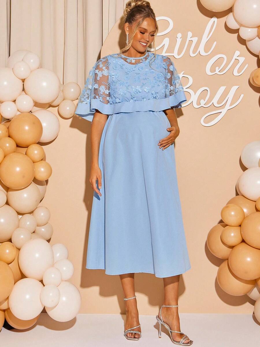 Loomaby 2pcs Maternity Elegant Party Floral Mesh Overlay Top And Dress Set - Blue - View 1