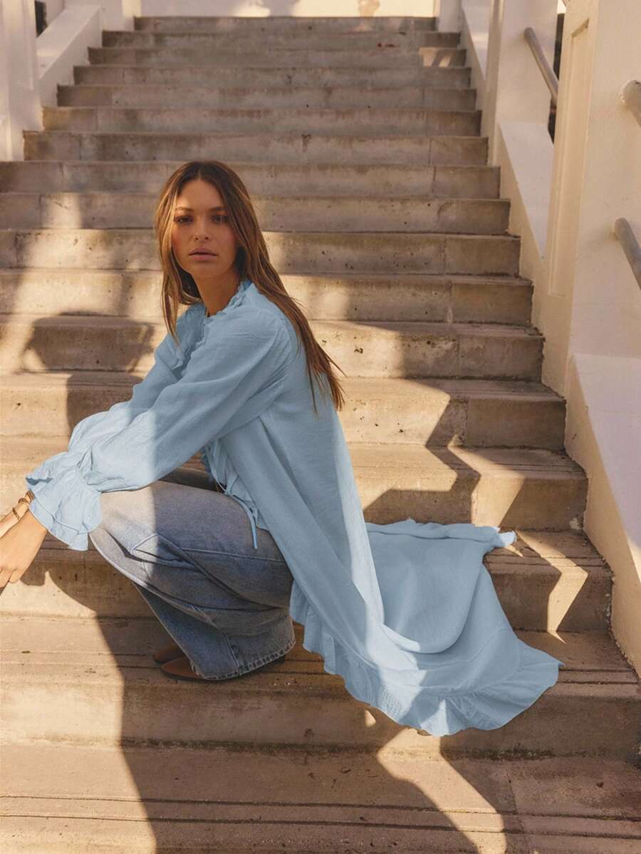 Aralina 冬季长袖荷叶边前开襟长款波西米亚风开衫连衣裙 - 淺藍色 - 查看 1