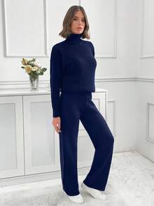 SHEIN PETITE Conjunto de suéter e calça de gola alta com manga caída