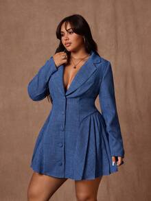 Rustia Robe décontractée élégante vintage à manches longues avec col et plissée, effet denim, pour femmes grandes tailles, bleu