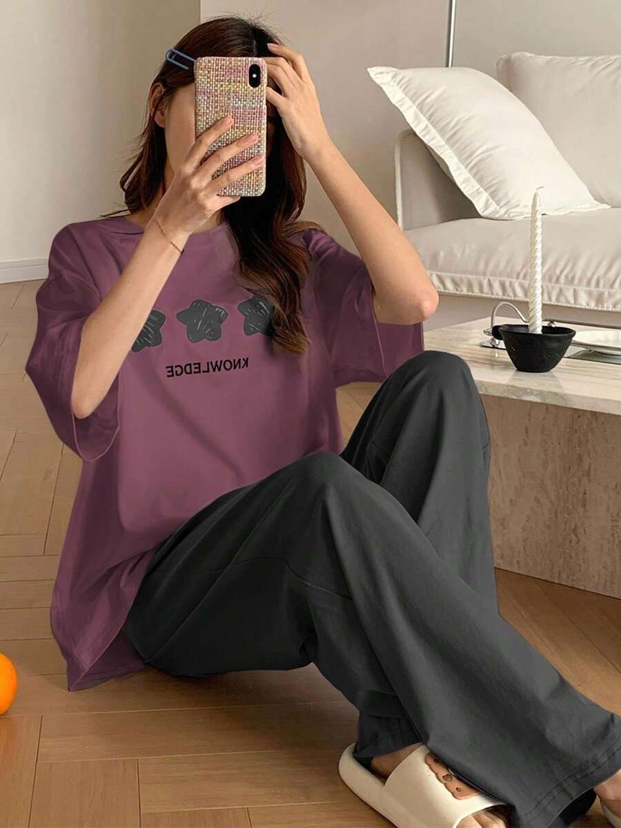 DAZY 2 件套女士休闲星星印花宽松短袖上衣和裤子睡衣套装 - 紫色 - 查看 1