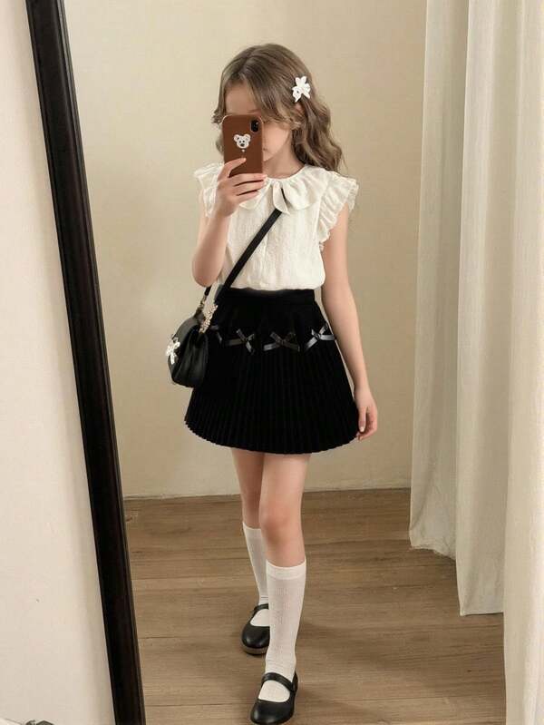 Falda plisada de punto con lazo negro decorativo, estilo minimalista y lindo para niñas. Suave y cómoda, adecuada para uso diario, al aire libre, viajes, vacaciones, hogar, guardería, otoño/invierno, Navidad, regreso a clases, fiestas, todo a juego