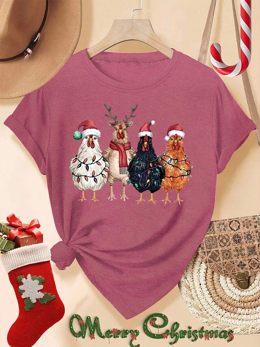 EMERY ROSE Women's Christmas T-Shirt - Holiday Chick Pattern With Santa Hat Design Women's Round Neck T-Shirt - Rusty Rose - View 1