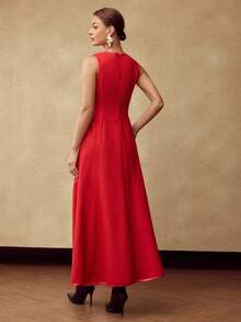 MOTF PREMIUM WOMEN'S WOOL PATCHWORK PU TRIM SLEEVELESS DRESS WITHOUT BELT, AUTUMN/WINTER - Red - View 3