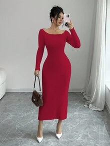 Elenzga Vestido de punto elegante de unicolor, ajustado, con hombros descubiertos, espalda descubierta y lazo, para otoño - Rojo - Ver 3