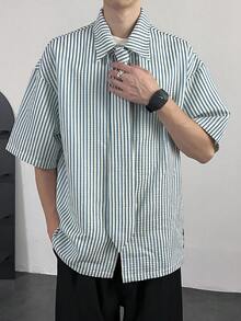 Claim Dot Men's Striped Short Sleeve Casual Loose Button-Down Shirt
