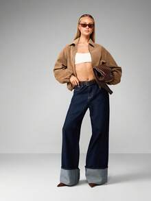 MISSGUIDED Oversized Cropped Bomber Suede Jacket Autumn Winter Fashion Casual Zip Up Outerwear Retro Brown Street Style Everyday Wear With Collar