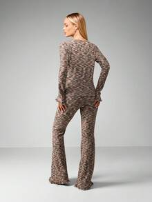 MISSGUIDED Space Knit Long Sleeve Tie Front Two Piece Set Modern Lounge Co Ord Fall Winter Flare Pants Ruffle Trim Marled Knit Matching Outfit