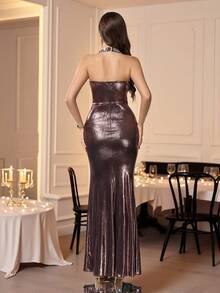 Coutiva Vestido de noche elegante y formal para mujer con decoración de perlas y drapeado - Óxido marrón - Ver 9