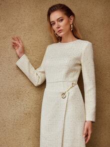 MOTF PREMIUM VESTIDO LARGO CON DECORACIÓN DE CADENA DE TWEED PARA OTOÑO/INVIERNO - Blanco - Ver 7