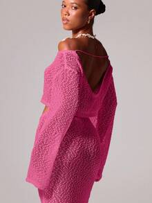 MUSERA Slash Neck Textured Knit Wide Long Sleeve Crop Top Cover Up Only Ibiza Sexy Vacation Holiday Spring Summer Beachwear Romantic Elegant Birthday