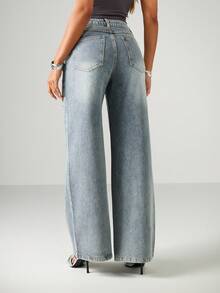 MISSGUIDED 阔腿高腰水钻铆钉牛仔裤 Y2K 时尚宽松个性牛仔裤节日派对闪亮装饰裤 - 淺色水洗藍 - 查看 2