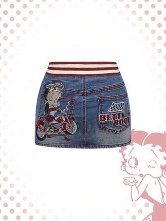 Betty Boop | ROMWE Minifalda de mezclilla con cintura acanalada y bordado de motocicleta estilo Y2K