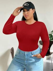SHEIN PETITE CURVE Body de manga larga de unicolor para mujer de talla grande - Rojo - Ver 4