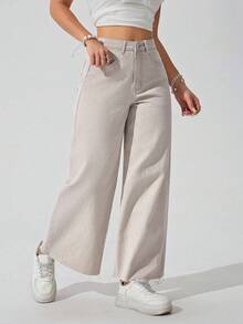 SHEIN ICON Quần jean ống đứng cạp chun viền tua rua cỡ lớn cho nữ, màu xám nhạt - Màu be - Xem 5