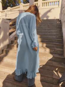 Aralina 冬季长袖荷叶边前开襟长款波西米亚风开衫连衣裙 - 淺藍色 - 查看 2