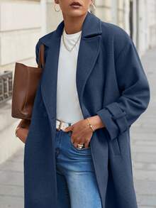 EURMUSE Women's Casual Solid Color Woolen Coat, Suitable For Commuting In Autumn/Winter - Dusty Blue - View 3