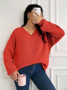 EURMUSE Plus Size Solid Color V-Neck Casual Pullover Sweater - Burnt Orange - View 5