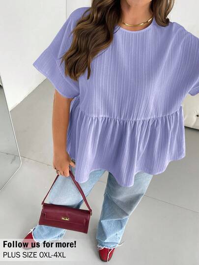 SHEIN Essnce 大码女装春夏时尚休闲宽松舒适日常百搭修身纹理面料黄色短袖衬衫，简约风格，曲线可爱上衣，外出上衣，欧洲夏季，荷叶边上衣，女士早午餐