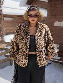 SHEIN EZwear 秋冬大码时尚豹纹仿皮草夹克 - 彩色 - 查看 11
