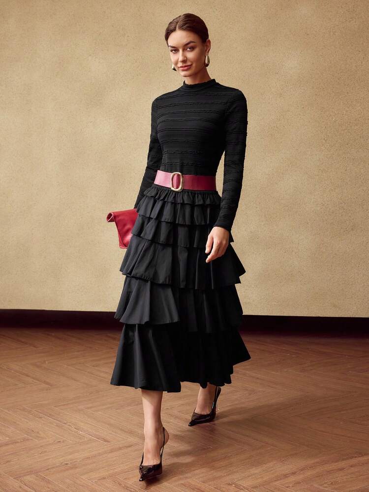 WOMEN TEXTURED RUFFLE LAYERED DRESS, AUTUMN/WINTER