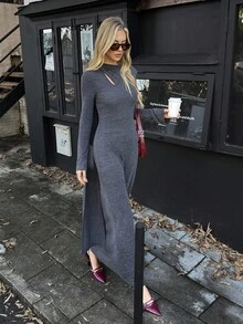 Elyressa Women's Minimalist Solid Color Hollow-Cut Long Sleeve Dress, Autumn - Grey - View 6