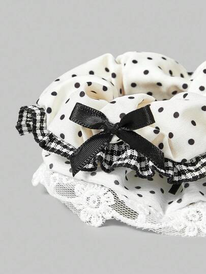 Anime 2pcs Black & White Classic Polka Dot Minimalist Geometric Pattern Hair Scrunchies, Sexy Lace Patchwork Cute Bow Stylish Oversized Spiral Coil Hair Ties, Suitable For Daily Matching, Can Also Be Used As Bracelets