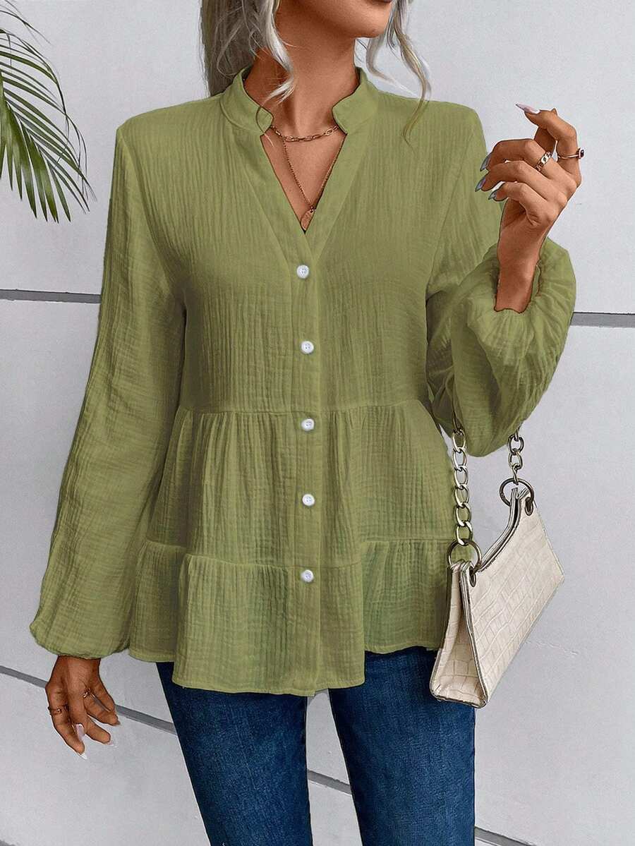 SHEIN LUNE Notched Neckline Lantern Sleeve Ruffle Hem Smock Blouse Peplum Top - Green - View 1