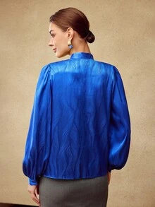 MOTF PREMIUM JACQUARD LANTERN SLEEVE JABOT COLLAR SHIRT - Blue - View 3