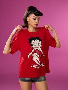 Betty Boop x SHEIN 女士休闲日常通勤时尚街头性感卡通人物和字母图案落肩宽松 T 恤，夏季 - 紅色 - 查看 3