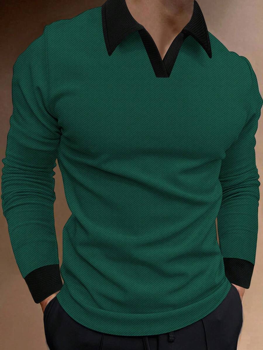 Manfinity Homme 男士休闲通勤撞色长袖Polo衫,时尚黑绿长袖衬衫,适合日常休闲、周末旅行、户外活动、探险旅行、轻松的工作环境或半正式场合,也是送给男友/丈夫、周年纪念日的理想礼物,秋季必备。 - 墨綠色 - 查看 1