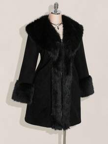 SHEIN ICON Plus Size Black Y2K Cinched Waist A-Line Faux Fur Collar Long Coat, Autumn/Winter - Black - View 6