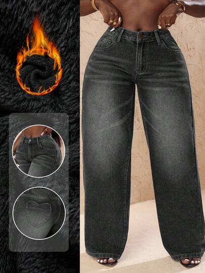 Slaydiva Jeans de pierna ancha con bolsillo con estampado de corazón y lavado casual para tallas grandes