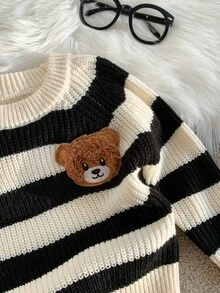 SHEIN Baby/Toddler Unisex Black And White Striped Knit Sweater With Cute 3D Bear Graphic,Soft Casual Pullover For Back-To-School,Autumn/Winter Daily Wear - Black and White - View 7
