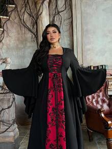 Lyrianda 大码女式复古朋克哥特式拼色喇叭袖连帽印花连衣裙，适合派对、万圣节、秋冬 - 紅色 - 查看 7