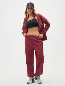 Eassivo Eassivo 女式撞色饰边拉链长袖上衣和抽绳长裤运动套装 - 棕色 - 查看 3