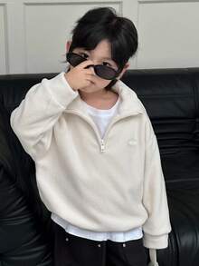 DAZY 儿童秋季服装，男童休闲宽松卫衣，硅胶标签，简约秋季风格 - 白色 - 查看 4