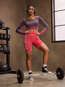 Powerista Quần short tập thể dục cạp cao in chữ cho nữ - Đỏ - Xem 6