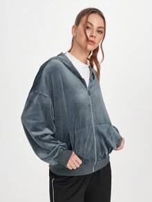 SHEIN Sports 女式纯色落肩长袖前拉链连帽运动夹克 - 灰色 - 查看 4