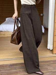 DAZY 女式纯色纽扣拉链休闲百搭阔腿裤 - 咖啡棕 - 查看 7