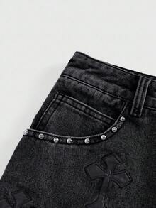 ROMWE Grunge Punk Women's Embroidered Cross Denim Mini Skirt - Dark Grey - View 2