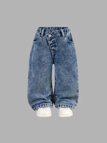 SHEIN Explorewe Conjunto de 3 piezas de jeans cortos con cintura elástica y bolsillos planos de estilo bohemio asimétrico para niñas bebés, artículo de moda diario OOTD, denim básico versátil, conjunto asequible y de gran - Multicolor - Ver 4