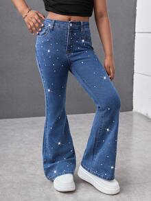 少女 Y2K 春夏假期纯色水洗优雅高腰水钻弹力牛仔喇叭裤，毛边下摆，少女夏季海滩波西米亚风度假喇叭裤，夏季音乐会节日休闲狂欢装，少女夏季早午餐教堂毕业装，街头服饰，返校装 - 中等水洗藍 - 查看 7