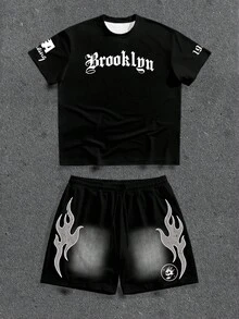 Manfinity ZONE917 Men's Distressed Snowflake Letter Print Short Sleeve T-Shirt And Flame Print Shorts Casual Street Style Set